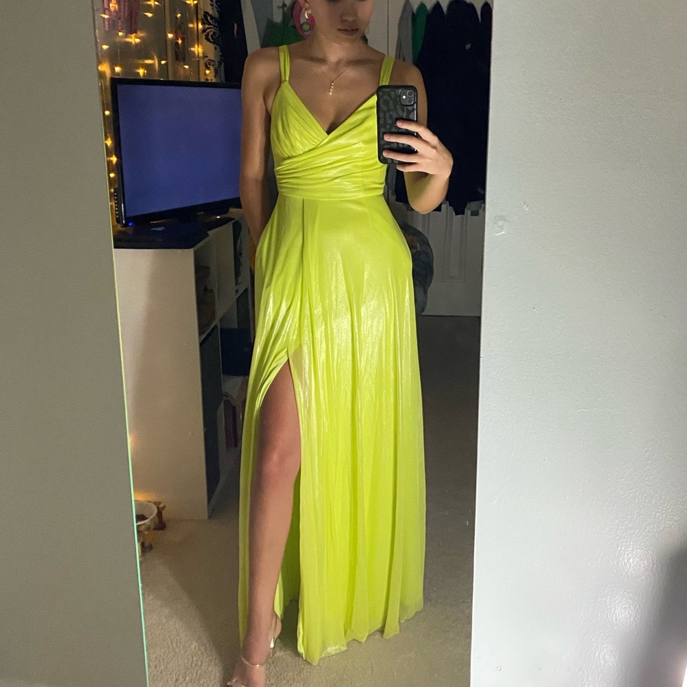 Shimmery lime bridesmaid prom maxi dress with pockets